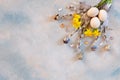Easter decoration Ã¢â¬â willow, narcissus, bunny figurines and natural eggs. Top view, close up, flat lay on light concrete